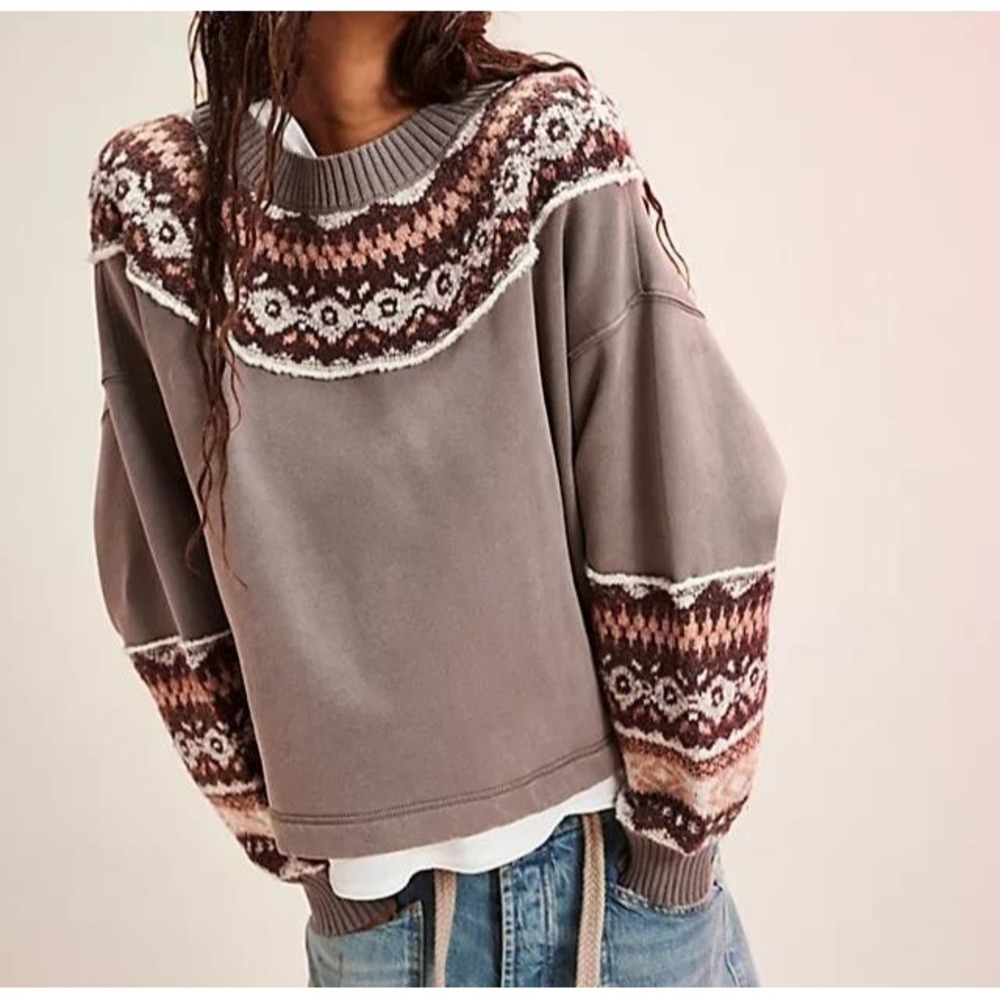 Free People Chilly Sweatshirt Women XS Gray Fair Isle Oversized Pullover